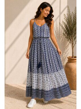 Knox Rose Women's XXL Boho Tribal Print Maxi Dress Blue White Tassel Tie Rayon